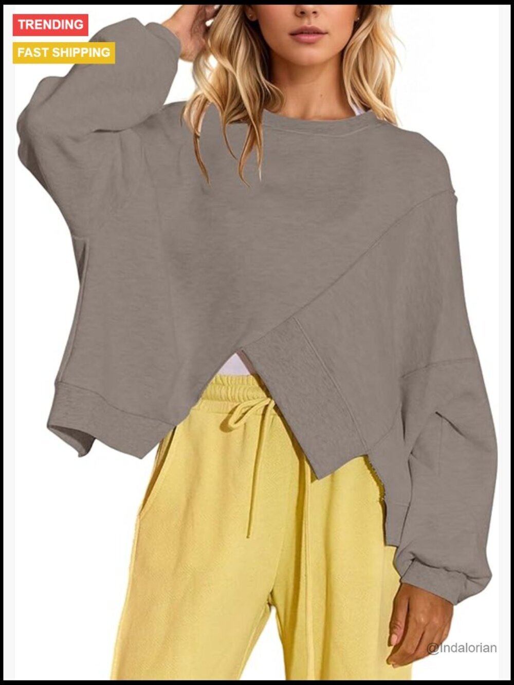 Oversized Cropped Sweatshirt with Asymmetrical Hem Ribbed Long Sleeve Pullover